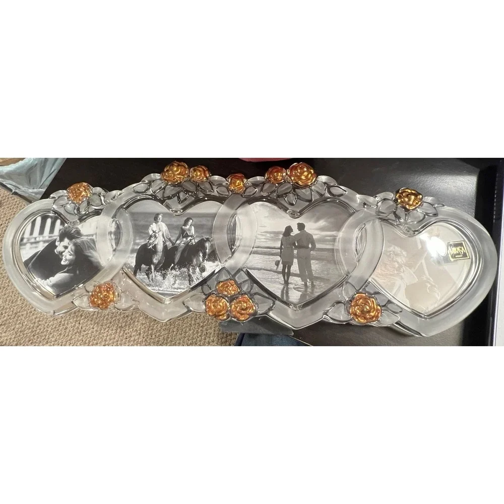 MIKASA Crystal 4 Picture Frame Frosted Glass Gold‎ Roses Germany EUC